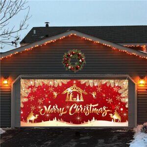 Christmas Garage Door Decorations, Large Red Gold Jesus Xmas Garage Door Cover